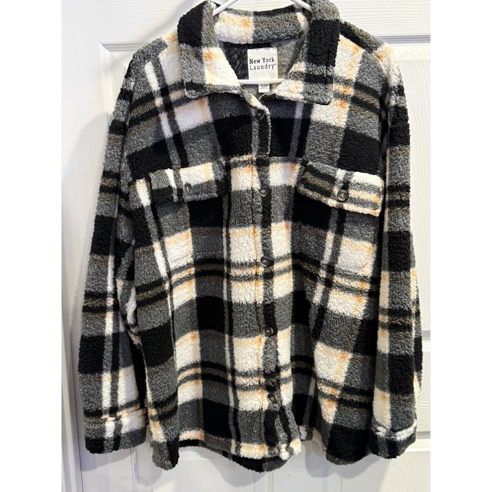 New York Laundry Mens 3X‎ Sherpa Fleece Plaid Shacket Black Grey White Jacket